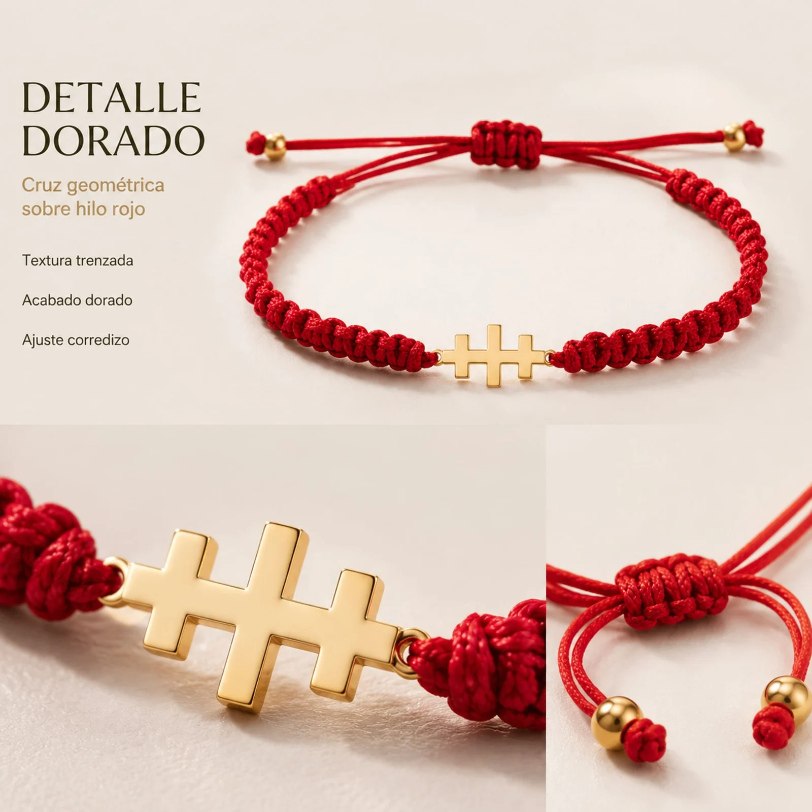 PULSERA HILO DESTINO  CON CRUZ CATACUMBAS ACERO DORADO