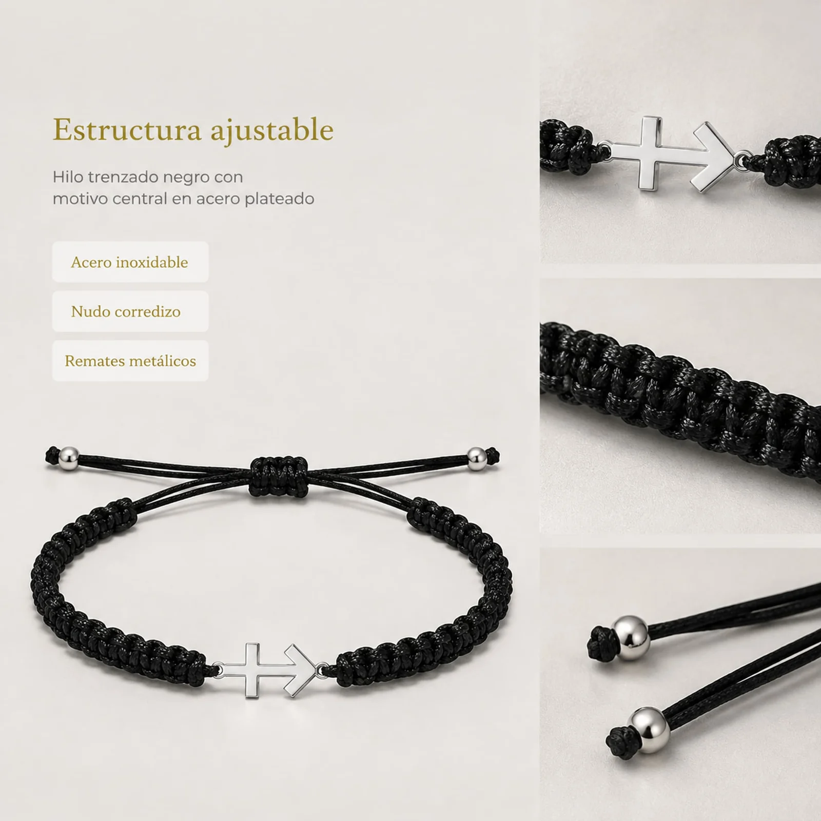 PULSERA HILO DESTINO  CON CRUZ CONTRA EL MAL ACERO PLATEADO