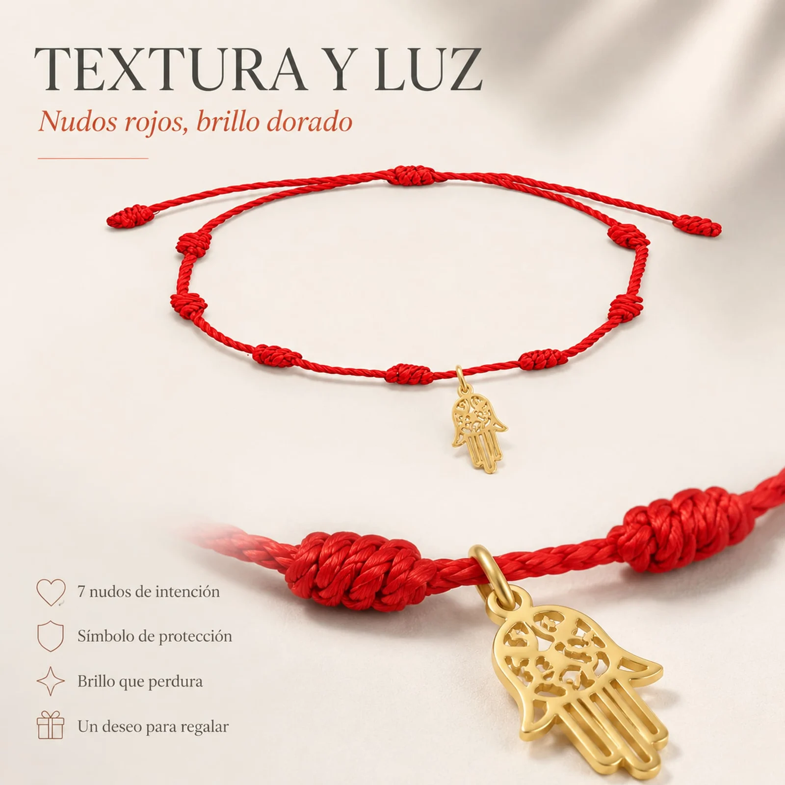 PULSERA 7 NUDOS CON MANO DE FÁTIMA ACERO DORADO