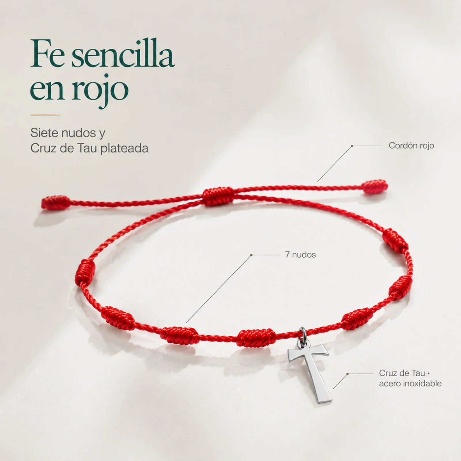 PULSERA 7 NUDOS CON CRUZ DE TAU COLOR PLATEADO