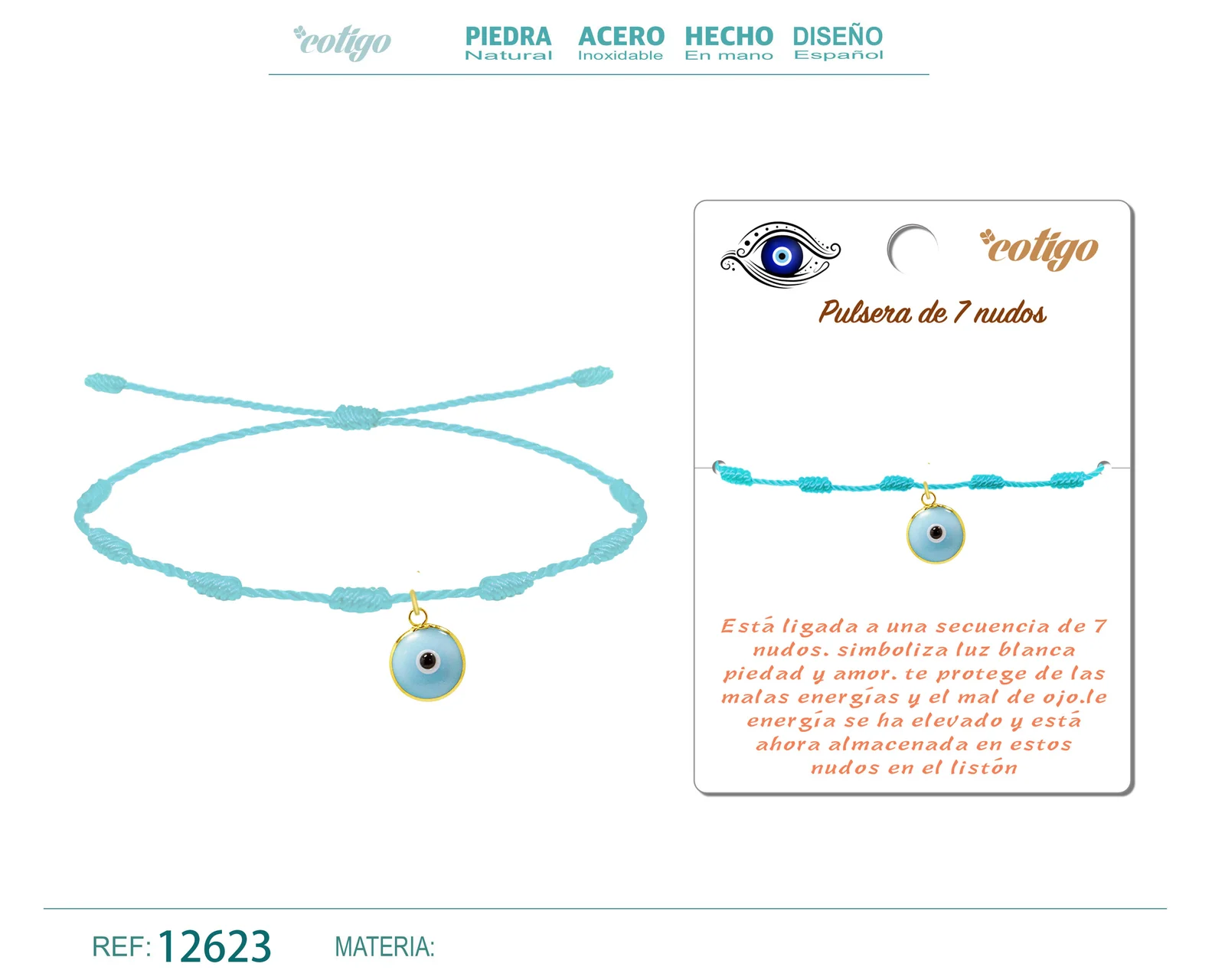 PULSERA 7 NUDOS AZUL CON COLGANTE DE OJO TURCO