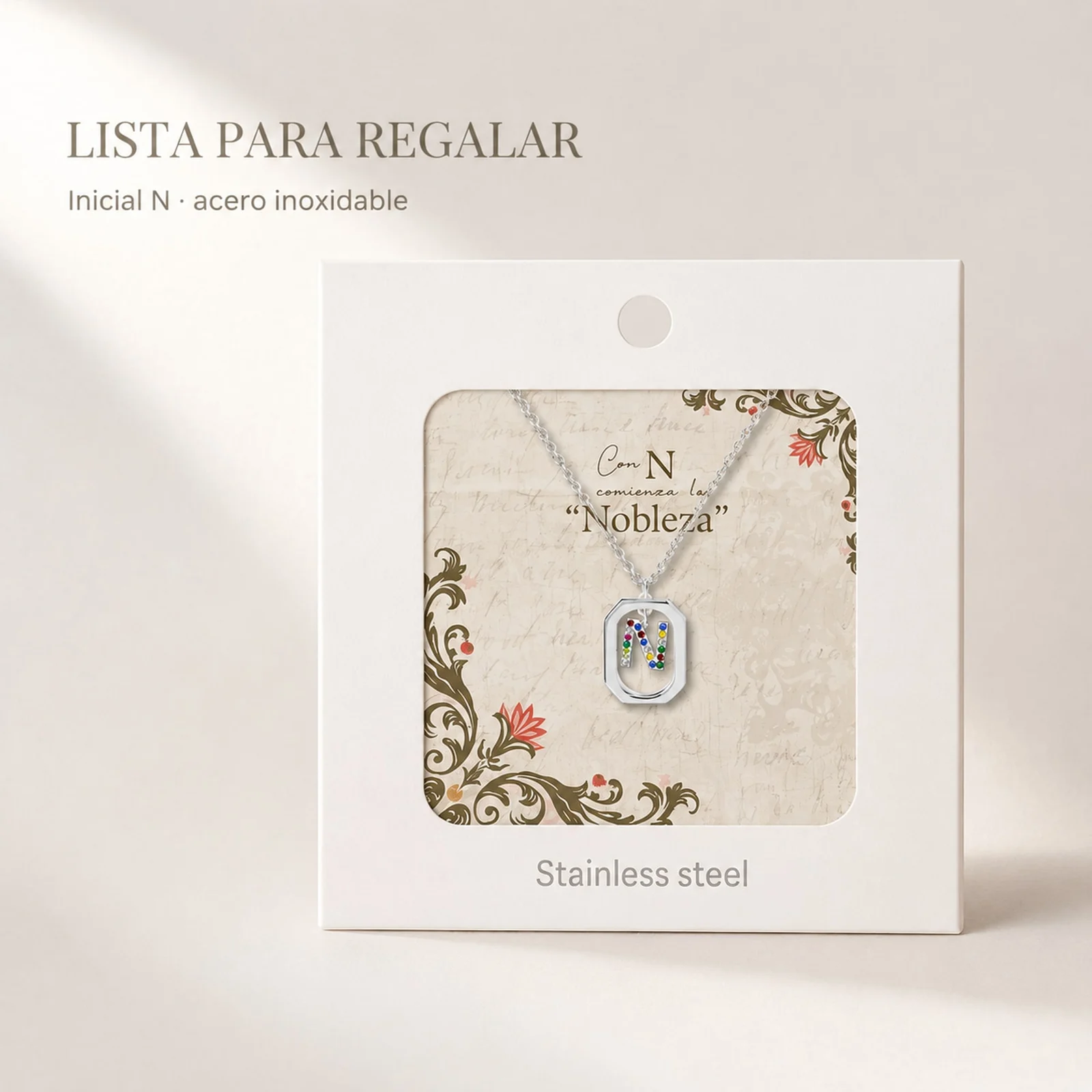 COLLAR INICIAL LETRA N ACERO CON SOBRE