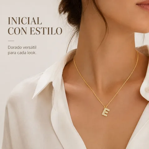 COLLAR LETRA E CON CIRCONITA  ACERO COLOR DORADO