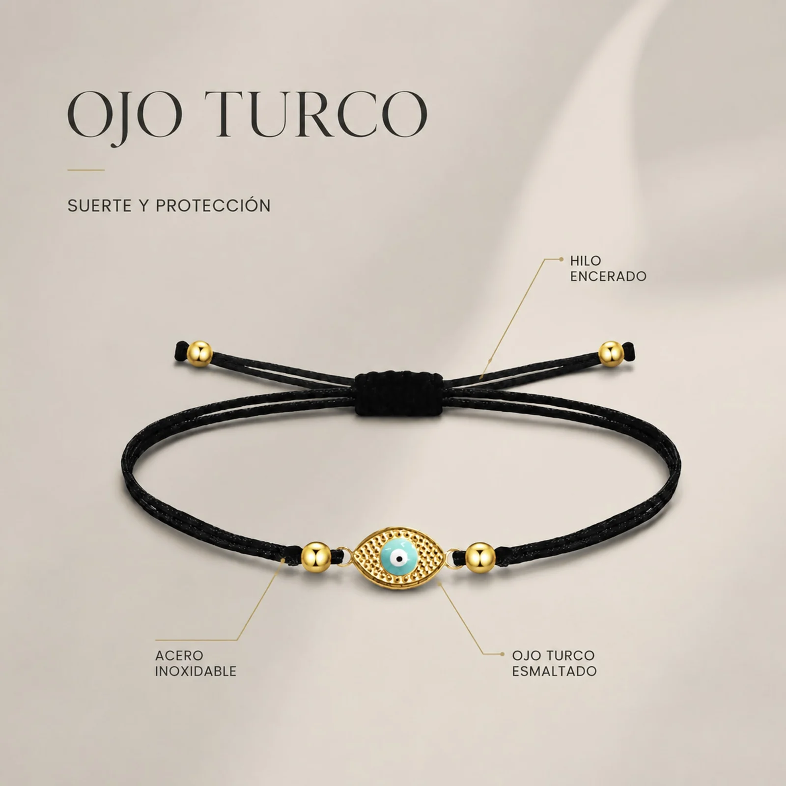 Pulsera Hilo encerado Negro CON OJO TURCO Dorado