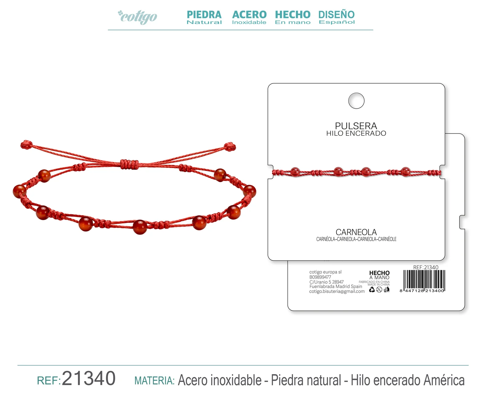PULSERA HILO ENCERADO CON CARNEOLA
