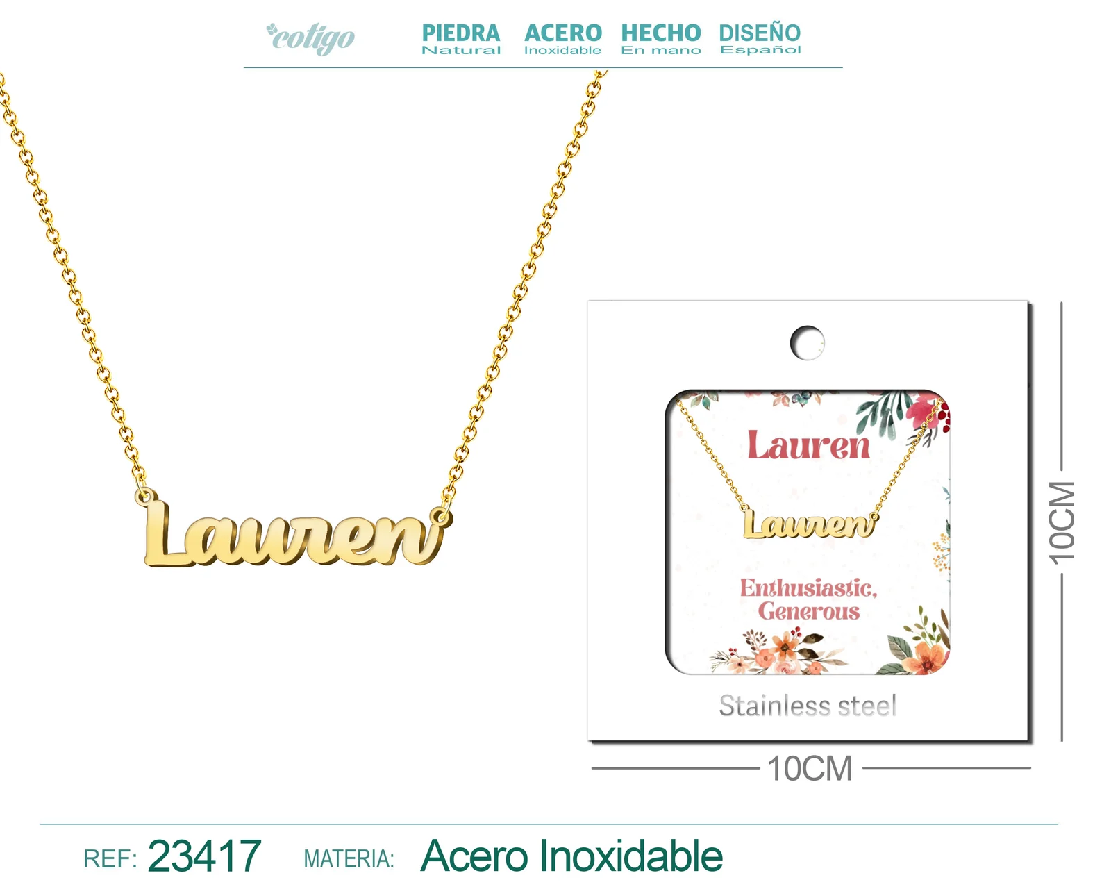 COLLAR NOMBRE INGLES LAUREN ACERO CON SOBRE