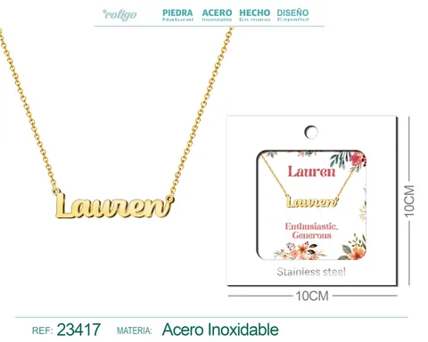 COLLAR NOMBRE INGLES LAUREN ACERO CON SOBRE