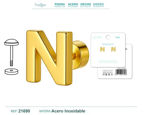 PENDIENTE ACERO  LETRA N COLOR DORADO CON CIERRE ROSCA