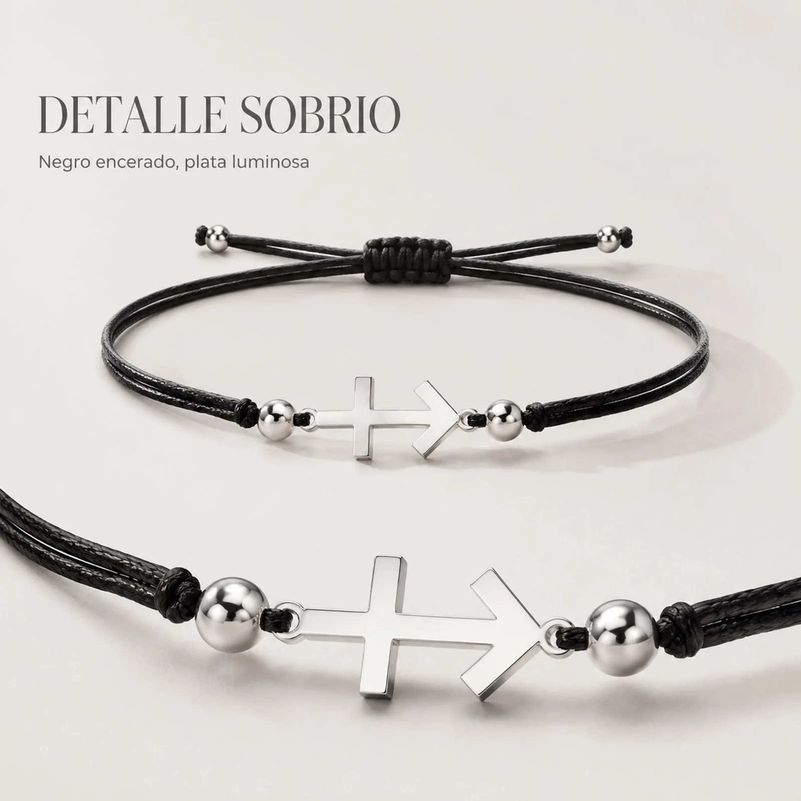 PULSERA CRUZ CONTRA EL MAL PLATEADO DE HILO EN.NEGRO