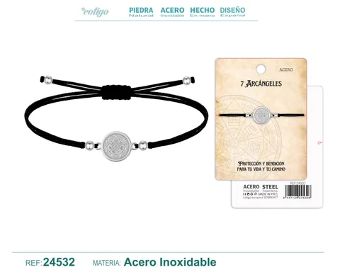 PULSERA HILO ENCERADO CON 7 ARCANGELES ACERO PLATEADO