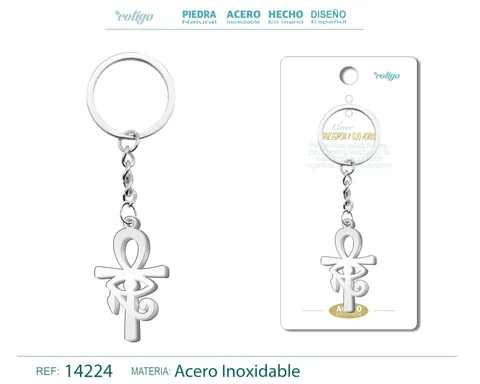 LLAVERO DE CRUZ EGIPCIA Y OJO HORUS ACERO