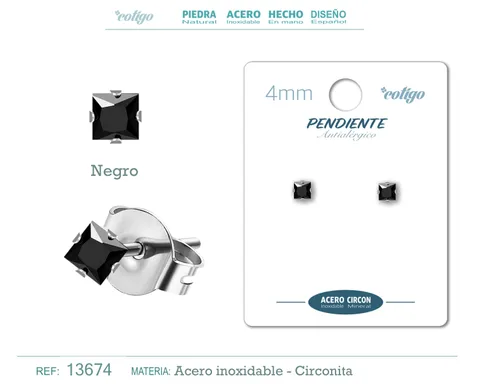 PENDIENTE CIRCONITA CUADRADO-NEGRO-4MM-BASE ACERO PLATEADO