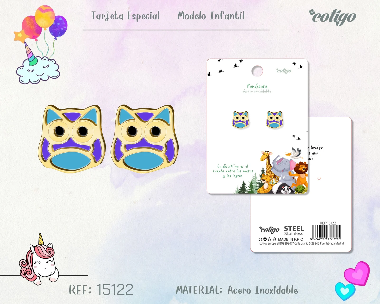 PENDIENTE PARA NIÑA ACERO COLOR DORADO
