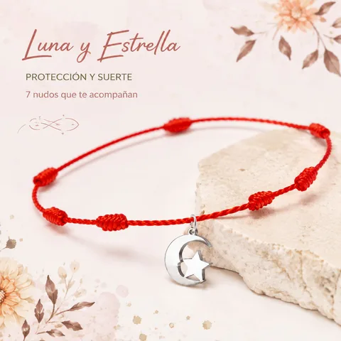 PULSERA 7 NUDOS CON LUNA Y ESTRELLA COLOR PLATEADO