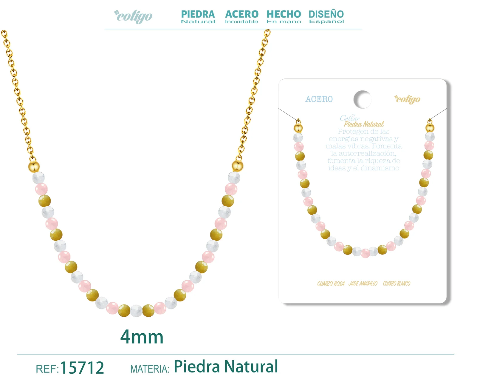 COLLAR JADE AMARILLO，CUARZO ROSA，CUARZO BLANCO 4MM