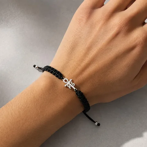 PULSERA HILO DESTINO  CON CRUZ EGIPCIA Y OJO HORUS ACERO PLATEADO