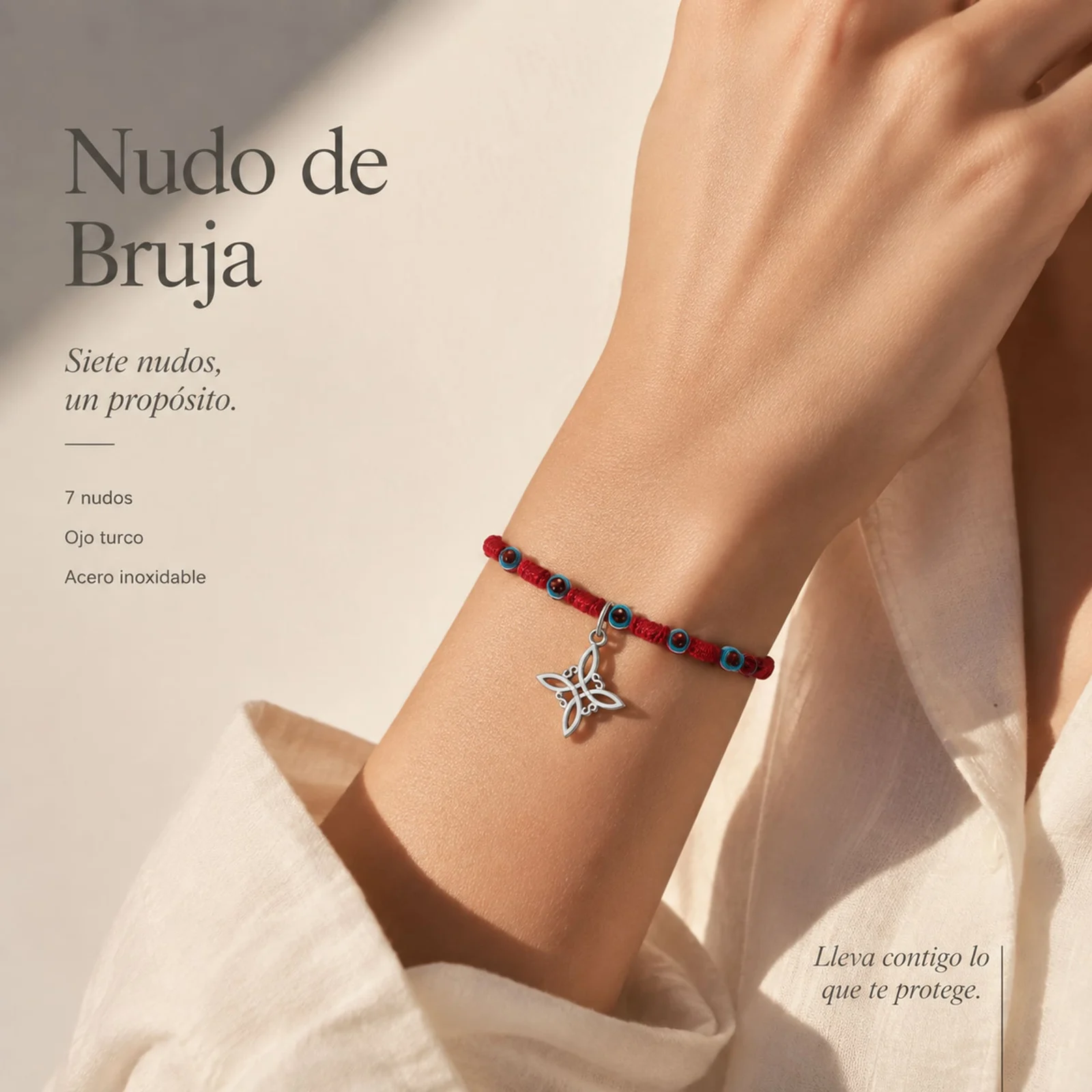 PULSERA 7 NUDOS CON OJO DE TURCO Y NUDO DE BRUJA ACERO PLATEADO