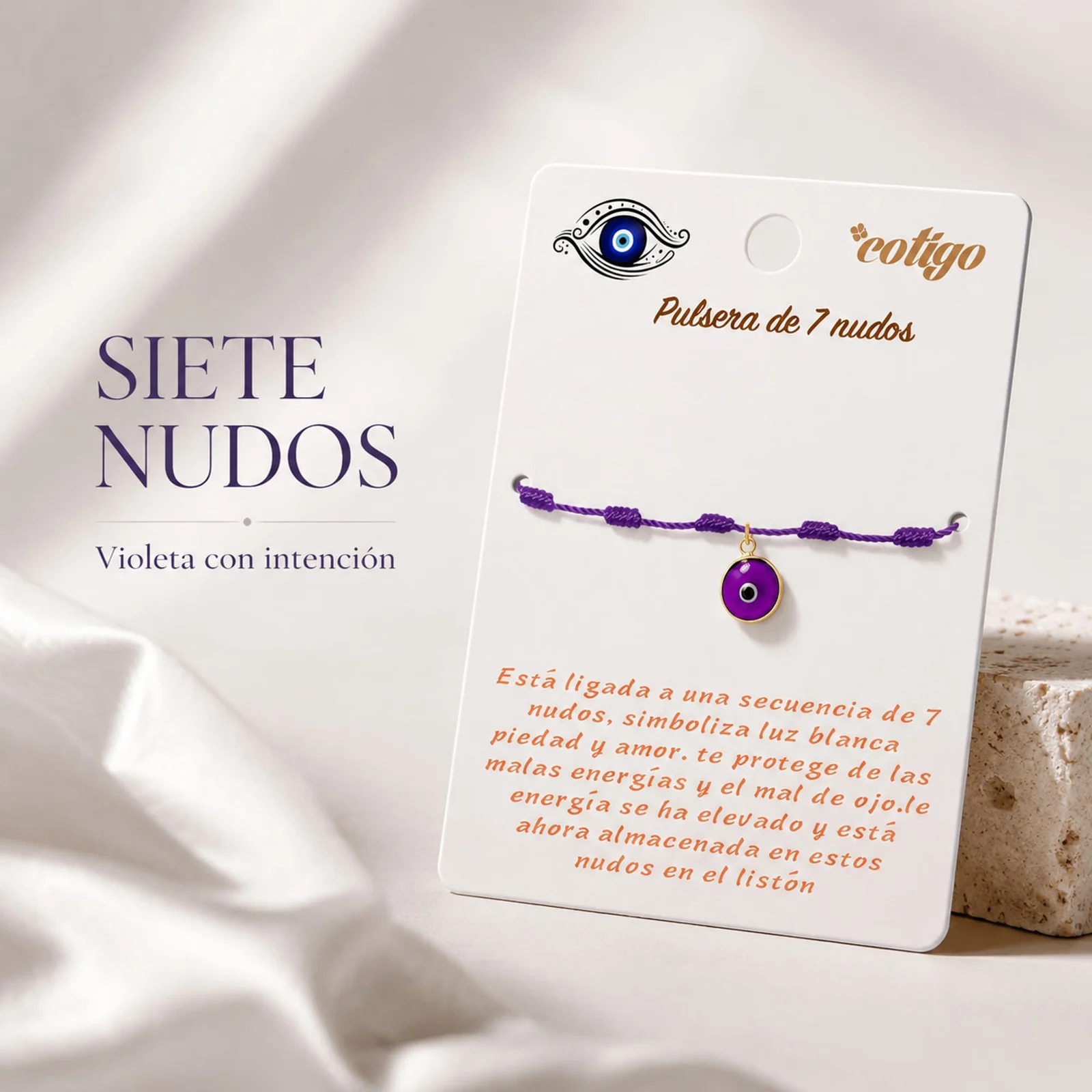 PULSERA 7 NUDOS VIOLETA CON COLGANTE DE OJO TURCO
