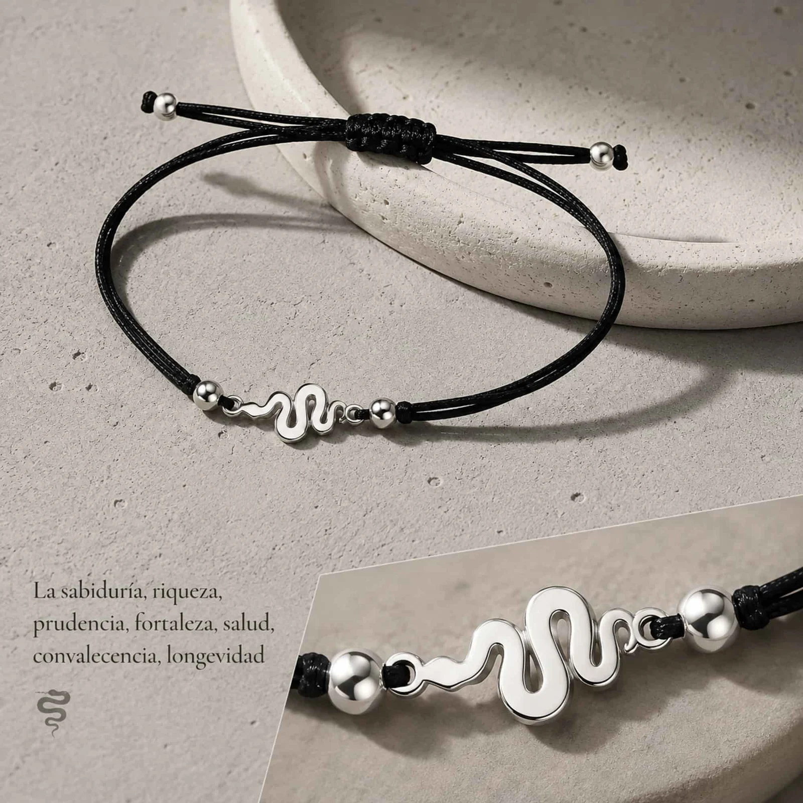 PULSERA SERPIENTE PLATEADO DE HILO EN.NEGRO
