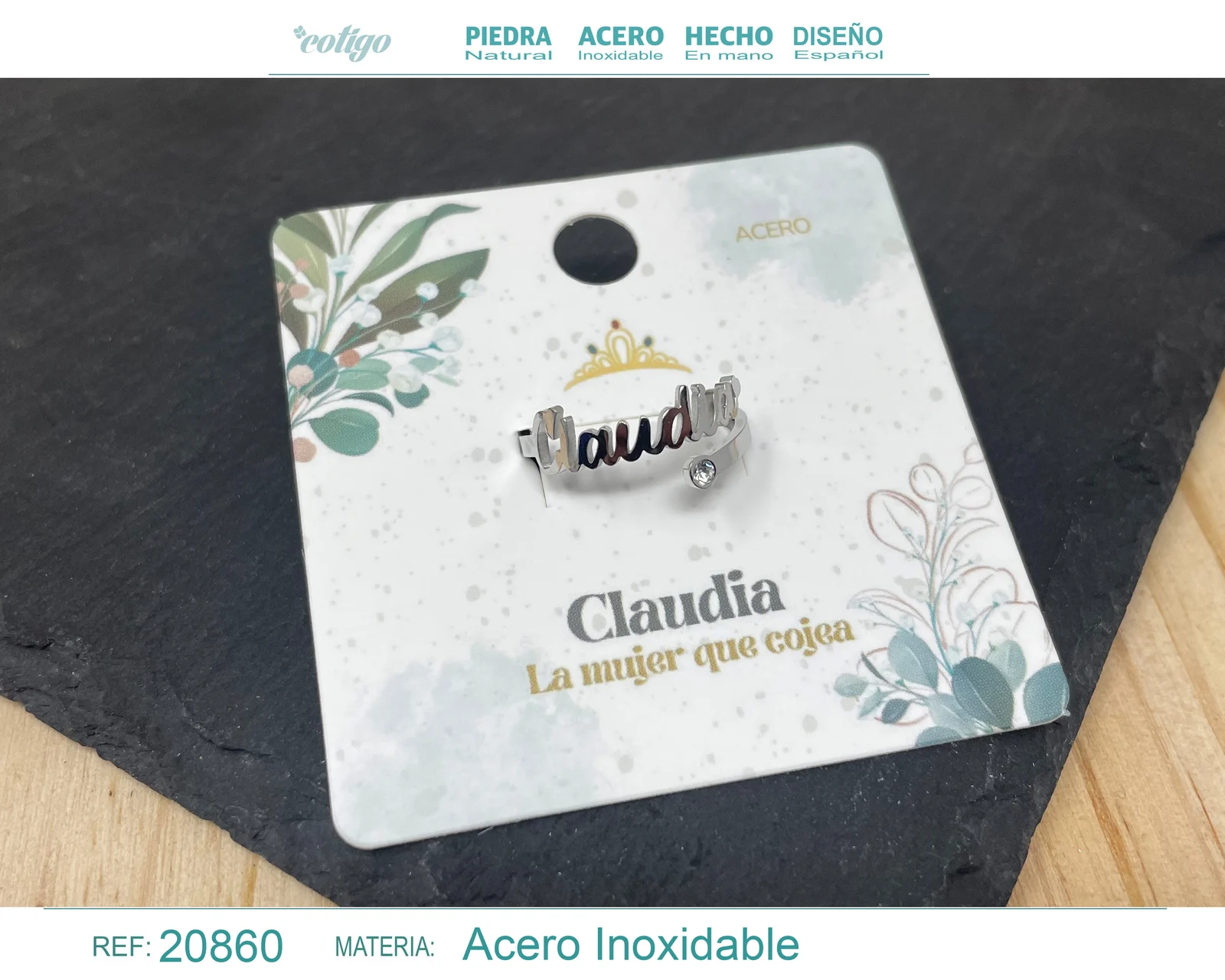 ANILLO NOMBRE CLAUDIA ACERO COLOR PLATEADO