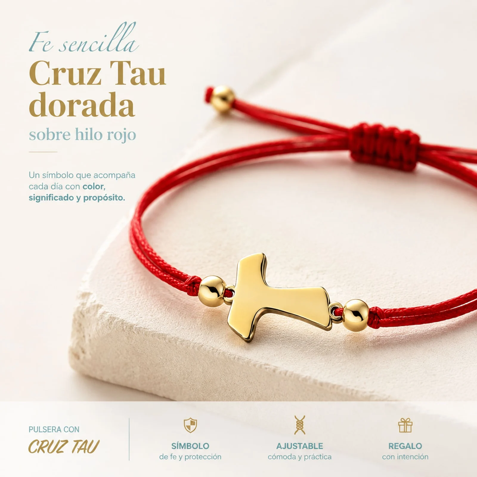 PULSERA CRUZ TAU DORADO DE HILO EN.ROJO