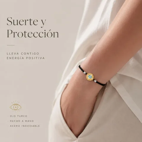 Pulsera Hilo encerado Negro CON OJO TURCO Dorado