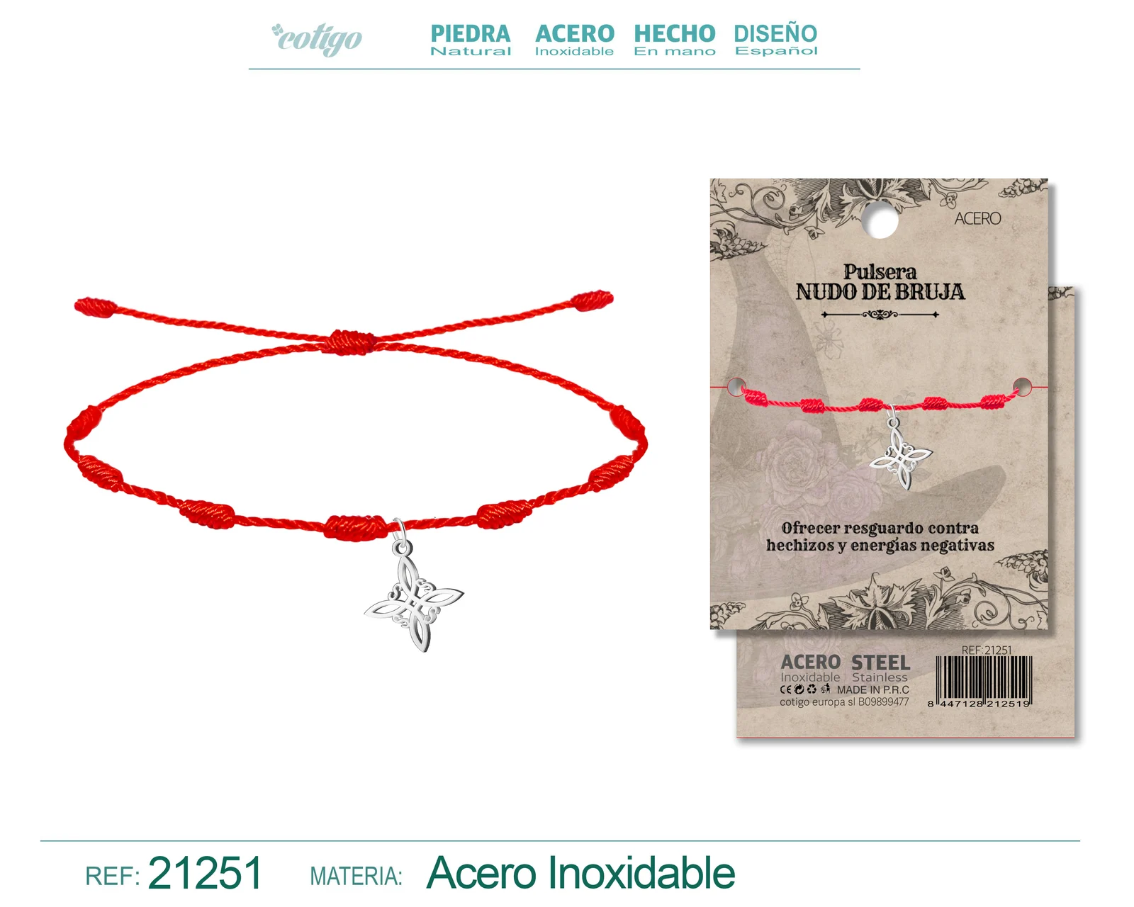 PULSERA 7 NUDOS CON NUDO DE BRUJA ACERO PLATEADO