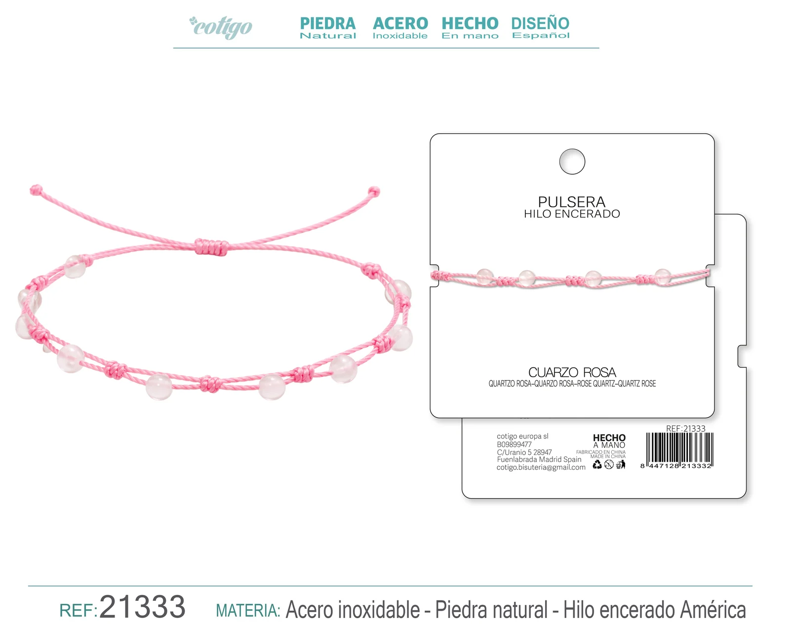 PULSERA HILO ENCERADO CON CUARZO ROSA