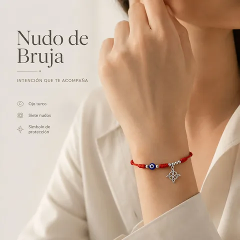 PULSERA 7 NUDOS CON OJO DE TURCO Y NUDO DE BRUJA ACERO PLATEADO