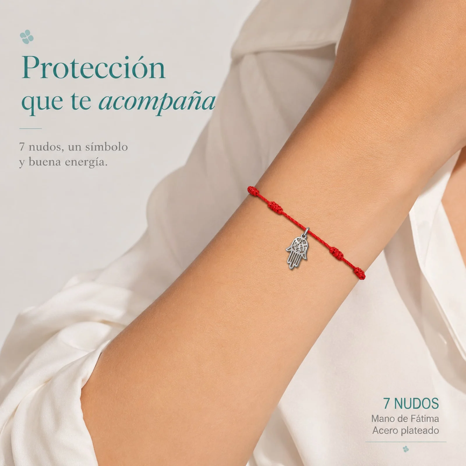 PULSERA 7 NUDOS CON MANO DE FÁTIMA ACERO PLATEADO