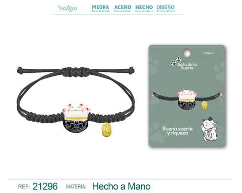 PULSERA HILO ENCERADO CON GATO DE SUERTE