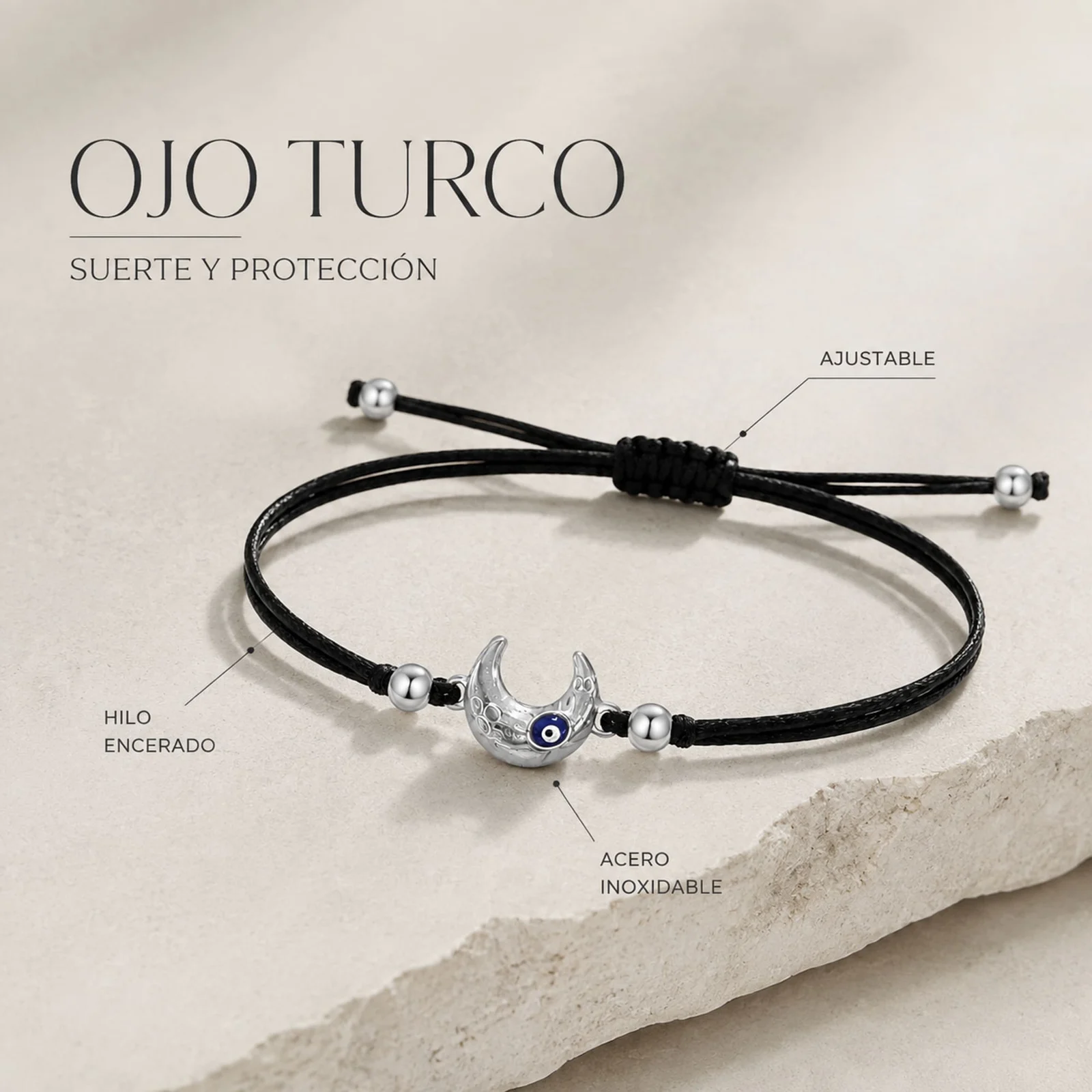 Pulsera Hilo encerado Negro CON OJO TURCO Plateado