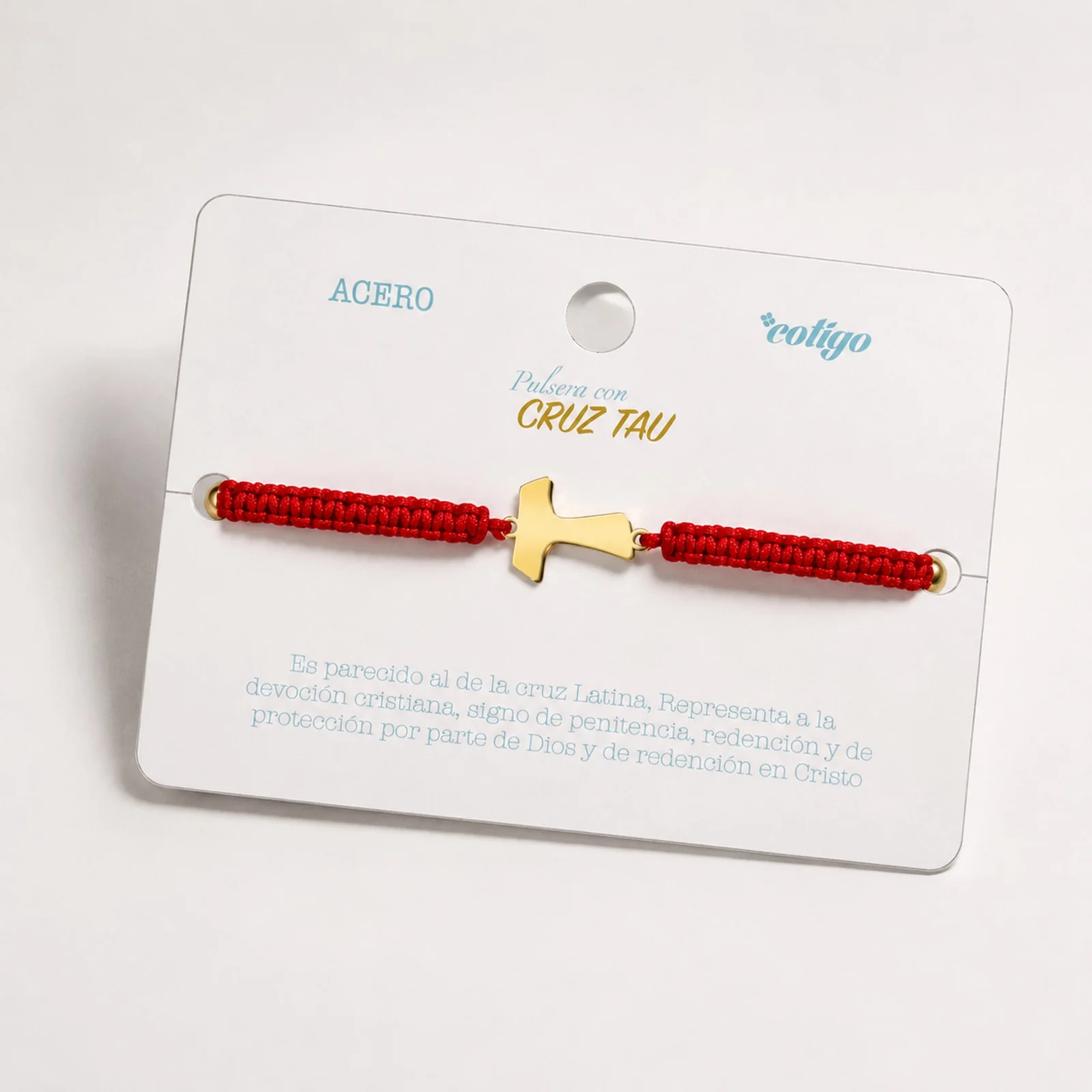 PULSERA HILO DESTINO  CON CRUZ TAU ACERO DORADO