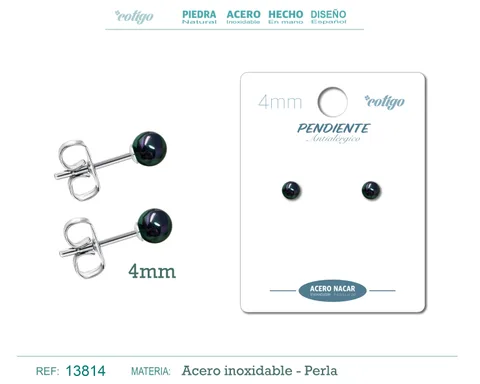 PENDIENTE ACERO+PERLA NÁCAR 4MM NEGRO