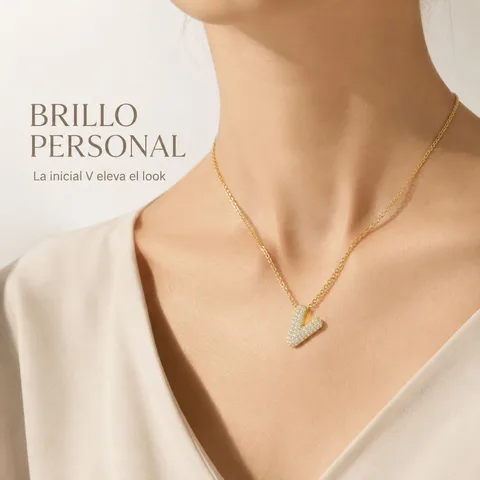 COLLAR LETRA V CON CIRCONITA  ACERO COLOR DORADO