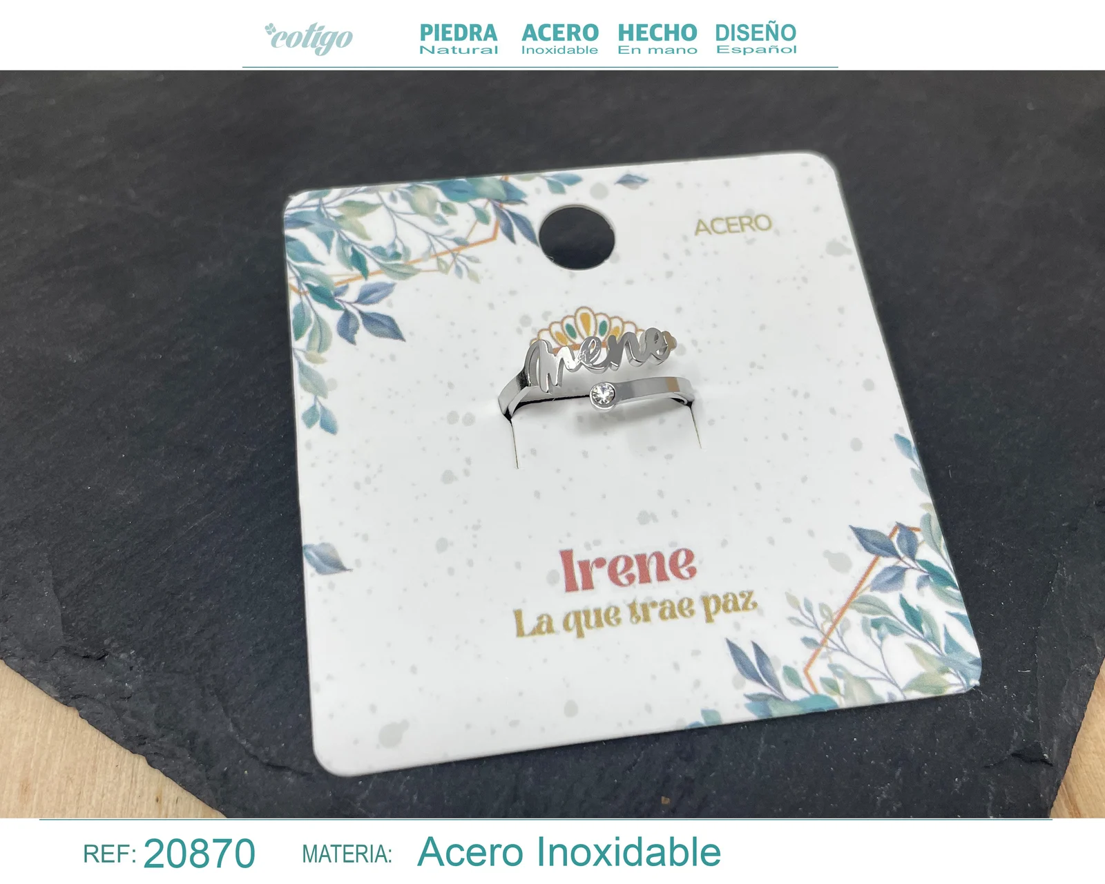 ANILLO NOMBRE IRENE ACERO COLOR PLATEADO