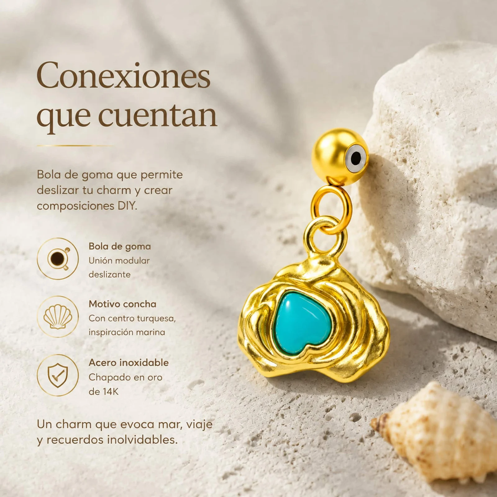 CHARM ACERO DORADO CHAPADO ORO 14 K-CON BOLA DE GOMA