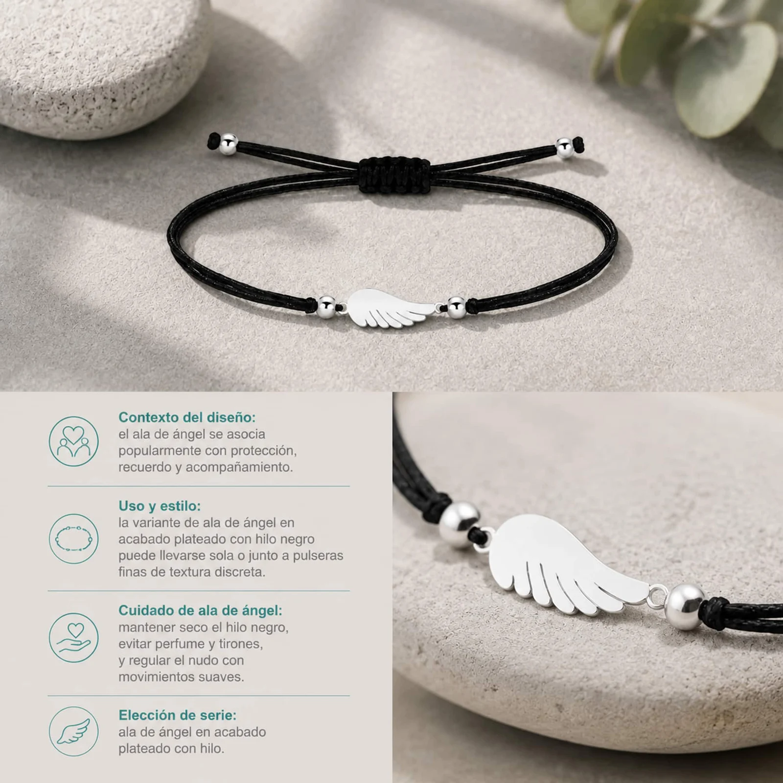 PULSERA ALA DE ÁNGEL PLATEADO DE HILO EN.NEGRO