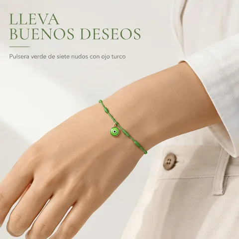 PULSERA 7 NUDOS VERDE CON COLGANTE DE OJO TURCO