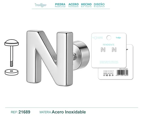 PENDIENTE ACERO  LETRA N COLOR PLATEADO CON CIERRE ROSCA