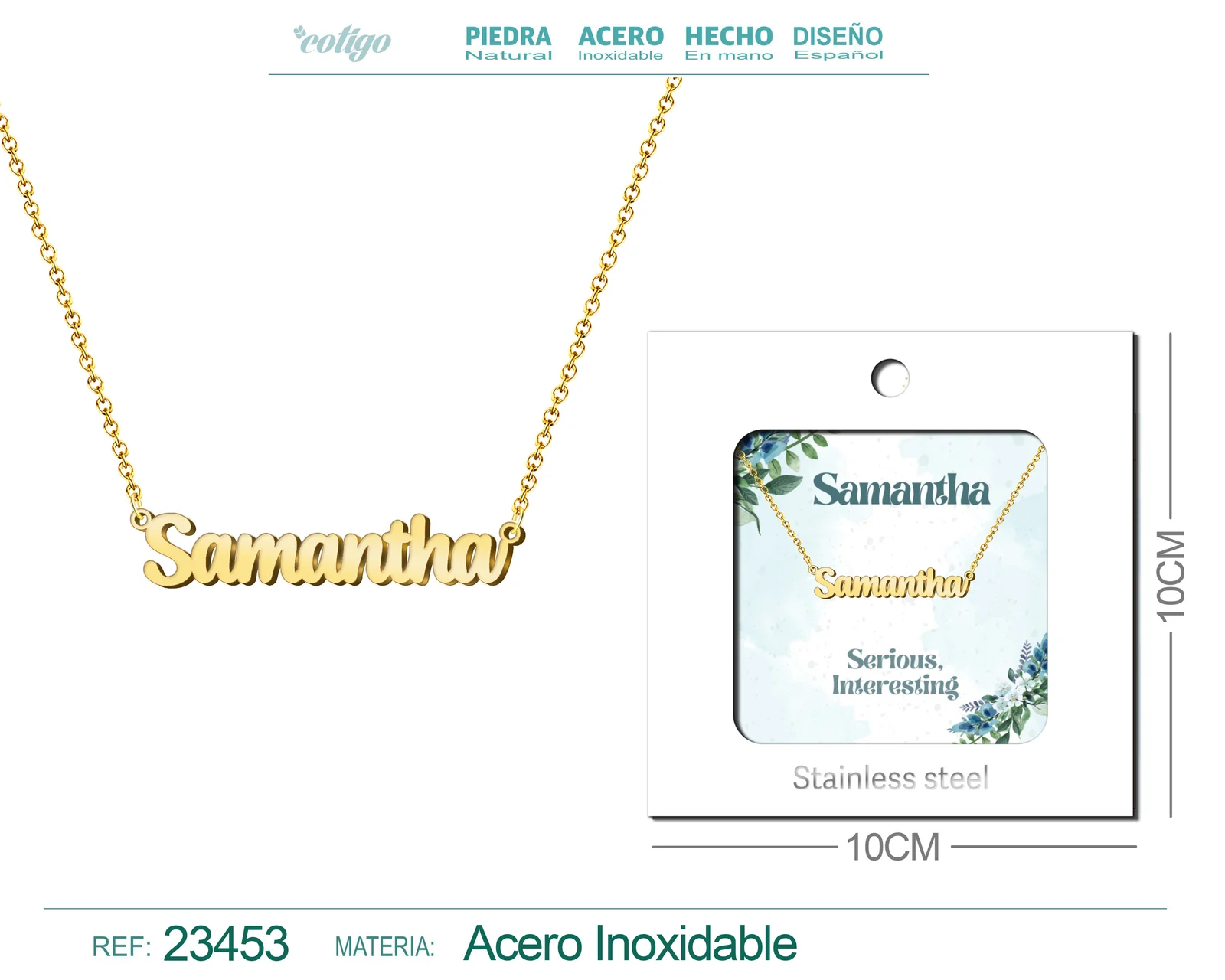COLLAR NOMBRE INGLES SAMANTHA ACERO CON SOBRE
