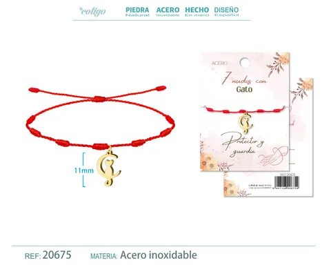 PULSERA 7 NUDOS CON GATO COLOR DORADO