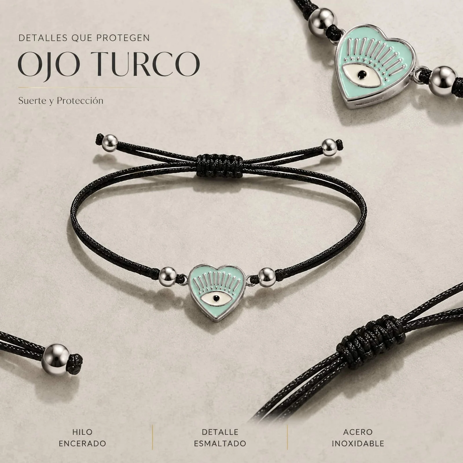 Pulsera Hilo encerado Negro CON OJO TURCO Plateado