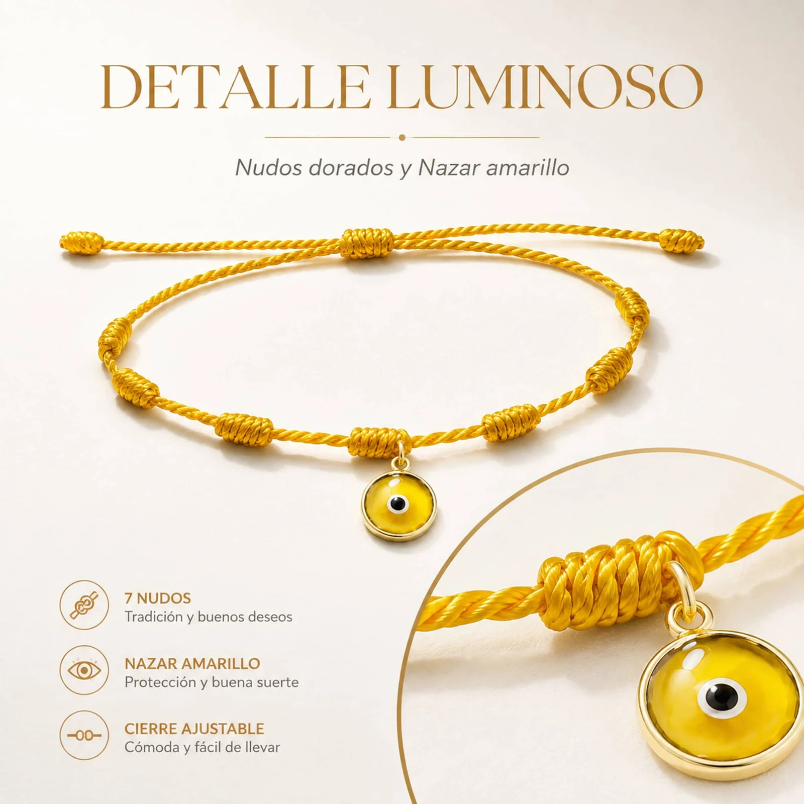 PULSERA 7 NUDOS DORADO CON COLGANTE DE OJO TURCO