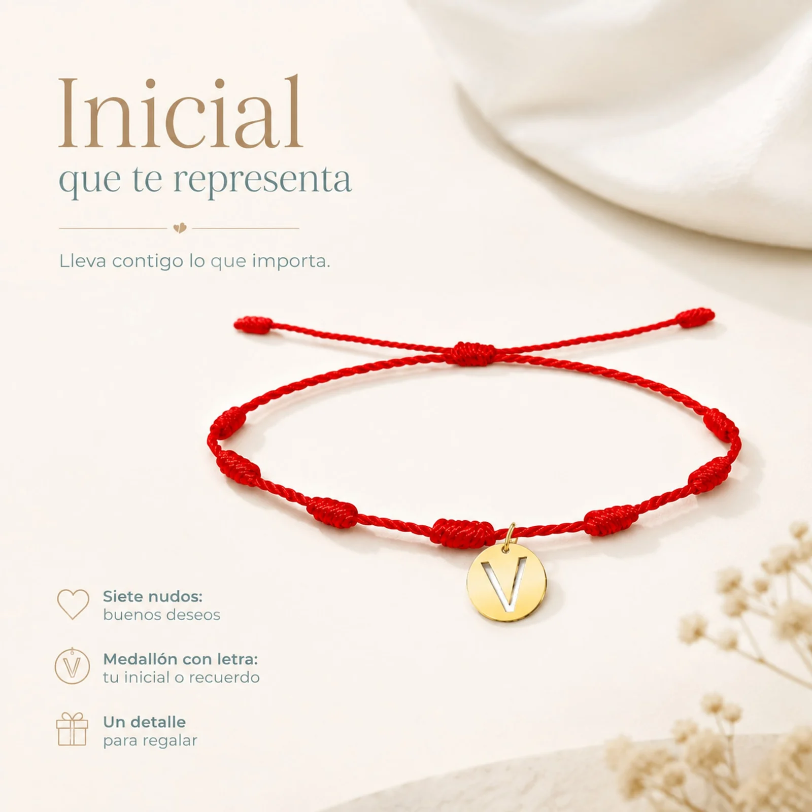PULSERA 7 NUDOS CON LETRA V COLOR DORADO