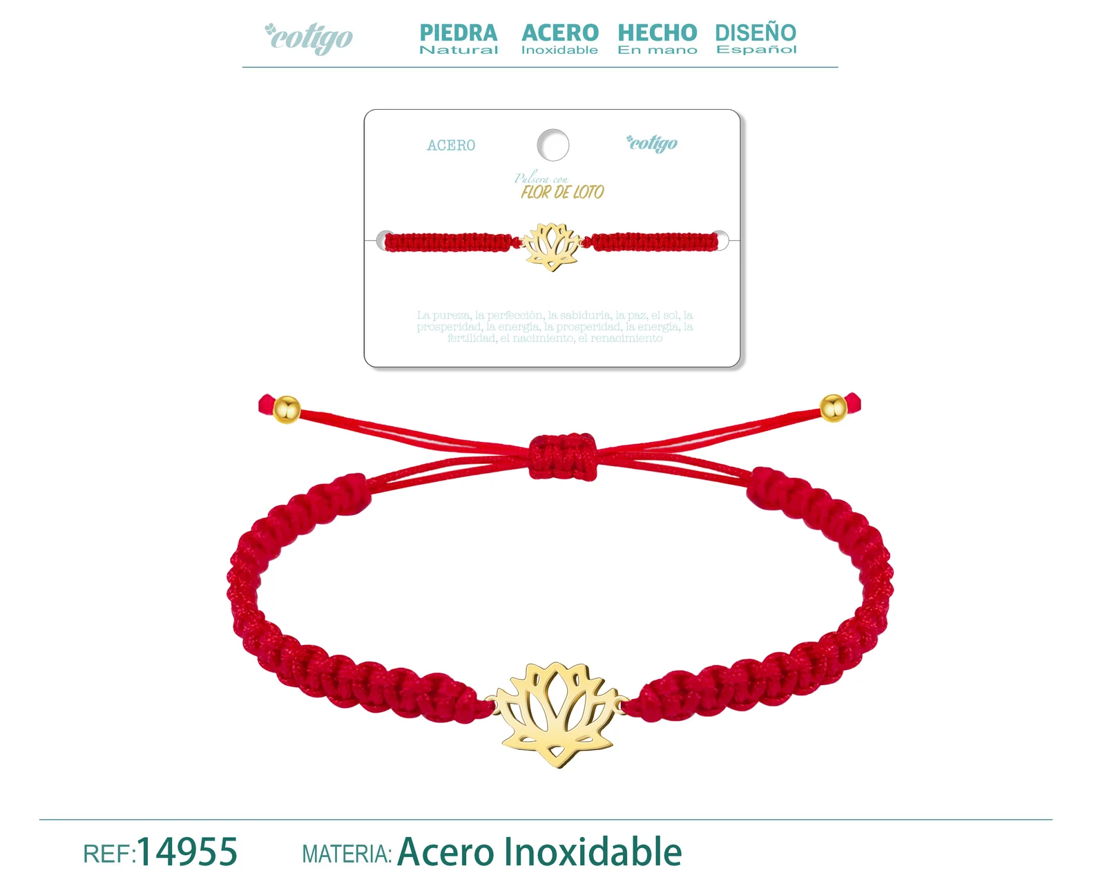 PULSERA HILO DESTINO  CON FLOR DE LOTO ACERO DORADO