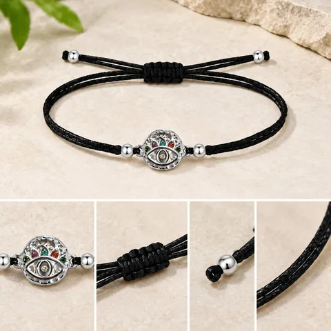 Pulsera Hilo encerado Negro CON OJO TURCO Plateado