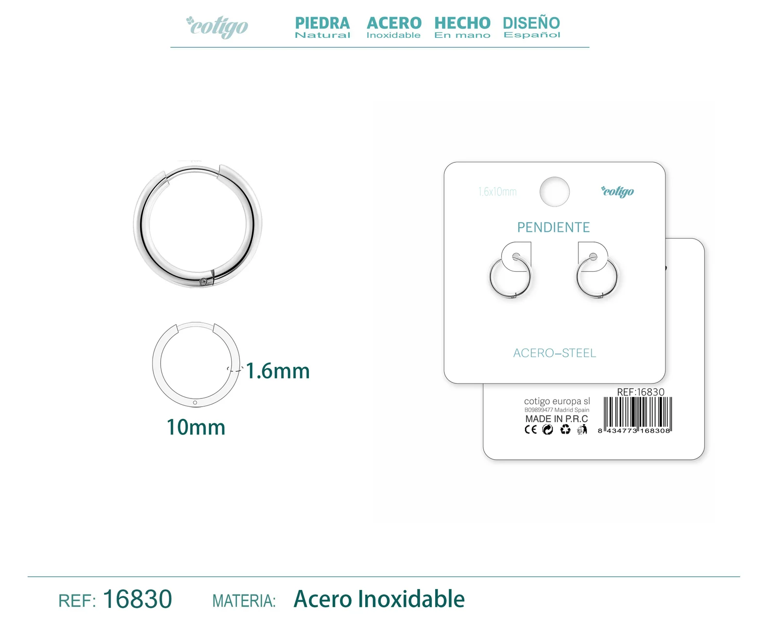 PENDIENTE ARO ACERO 1.6X10 MM PLATEADO