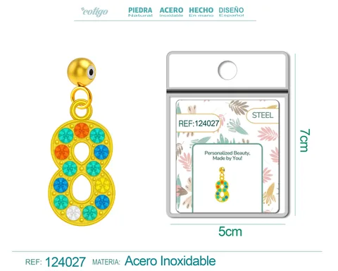 CHARM DE NÚMERO 8 ACERO COLOR DORADO CON CIRCONITA-CON BOLA DE GOMA