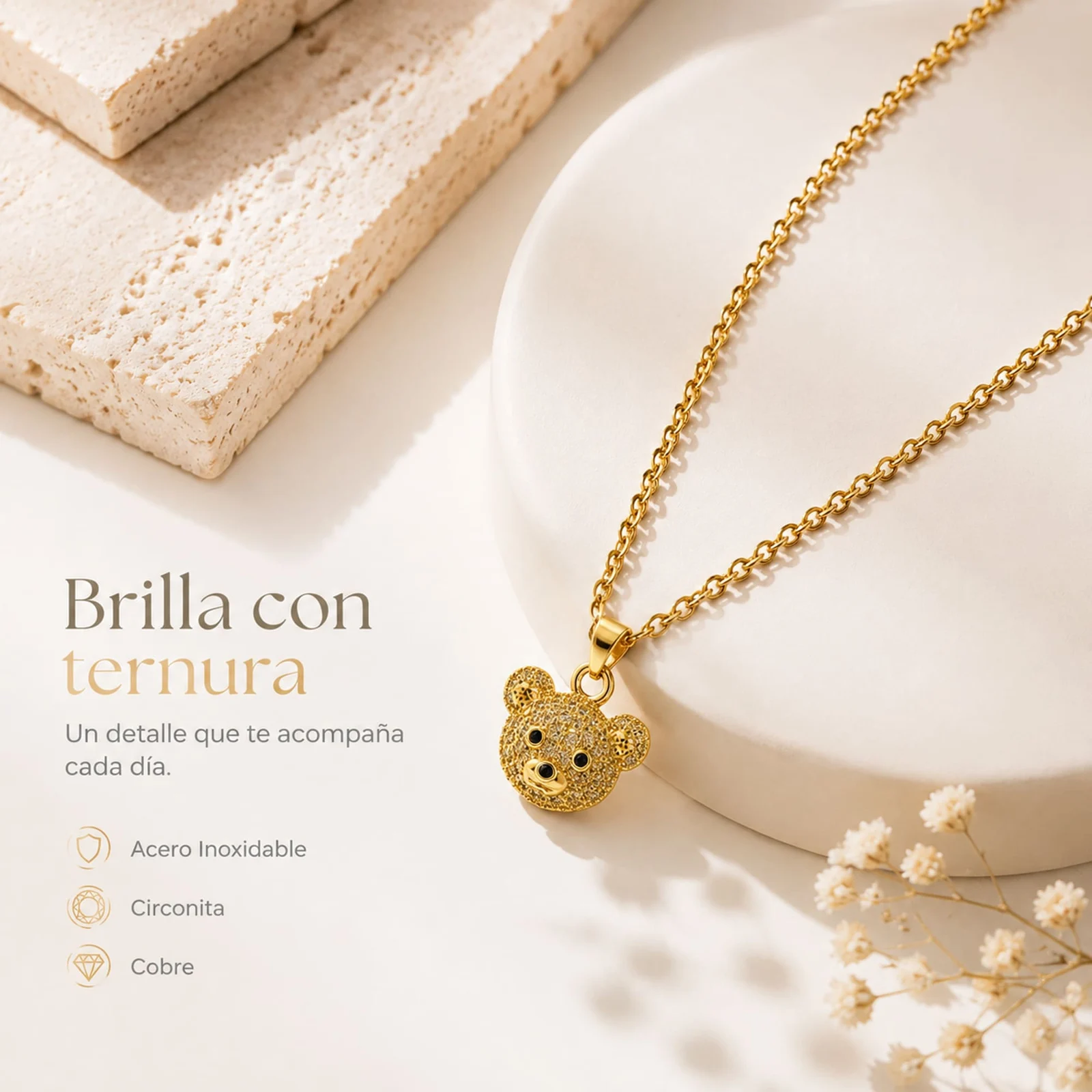 Colgangte Cobre con Circonita Colar Dorado y Cadena Acero
